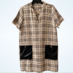ZARA Tweed Shift Dress Faux Leather Pockets XL